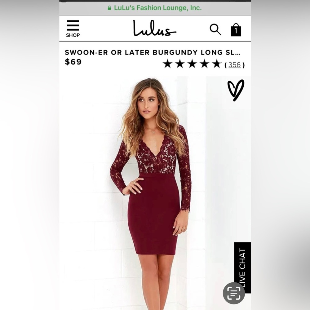 Lulus Swoon-er or Later burgundy long sleeve lace dress. Size small. Size 2 NWT